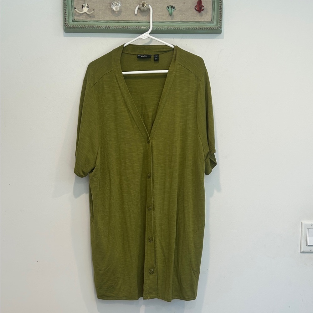 Susan Graver moss Green soft v neck button down short sleeve Cardigan 3X women’s - Picture 1 of 7